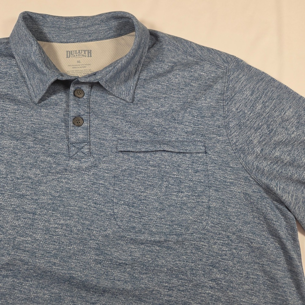 Duluth Trading Co Mens XL Blue Heathered Performance Polo Shirt Zipper Pocket